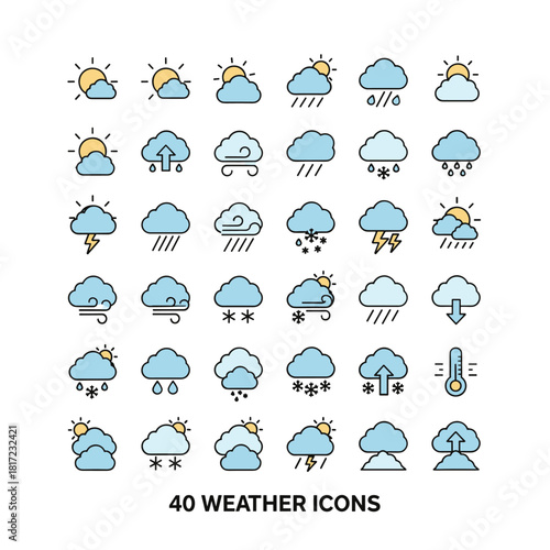 A collection of minimalist line icons for weather, including clouds, temperature, sunny day, rain, wind, and more, suitable for web use