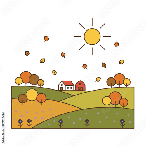 Vector cartoon of an autumn village landscape, showing forest trees, meadow flowers, and an orange sunset sky, illustrated as a banner over farmland with clouds and sun