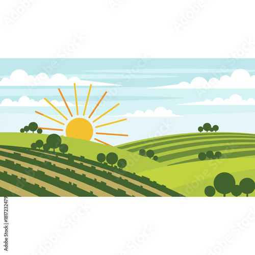A color-painted, graphically drawn rural panorama featuring sunlit hills, rendered as a vector illustration