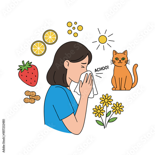 A woman suffering from allergies to pollen, cat fur, citrus, peanuts, or berries experiences a runny nose, watery eyes, cough, cold, and sneezing symptoms typical of a seasonal illness, illustrated