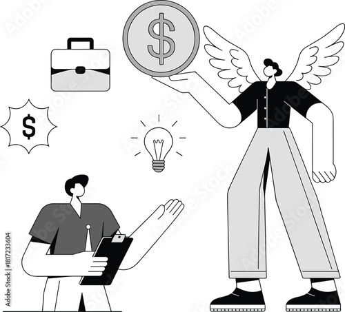 Angel investor and entrepreneur silhouette concept, finance and innovation icons, business funding metaphor, startup pitch scene, flat vector illustration
