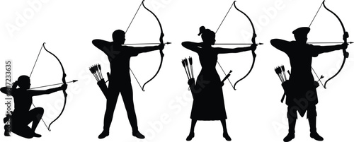 Archery stance silhouette set, male and female figures, drawn bow posture, historical and fantasy styles, action pose, flat vector illustration