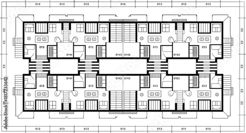 Architectural floor plan, symmetrical building layout, numbered rooms and corridors, dormitory or apartment design, flat vector illustration