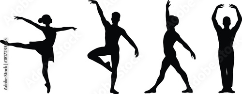 Ballet dancer silhouette set, elegant poses and graceful movements, classical dance technique showcase, performance art concept, flat vector illustration
