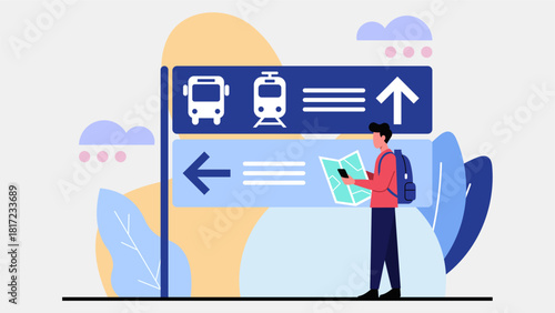Traveler Checking Public Transport Signboard – Modern Flat Pastel Illustration