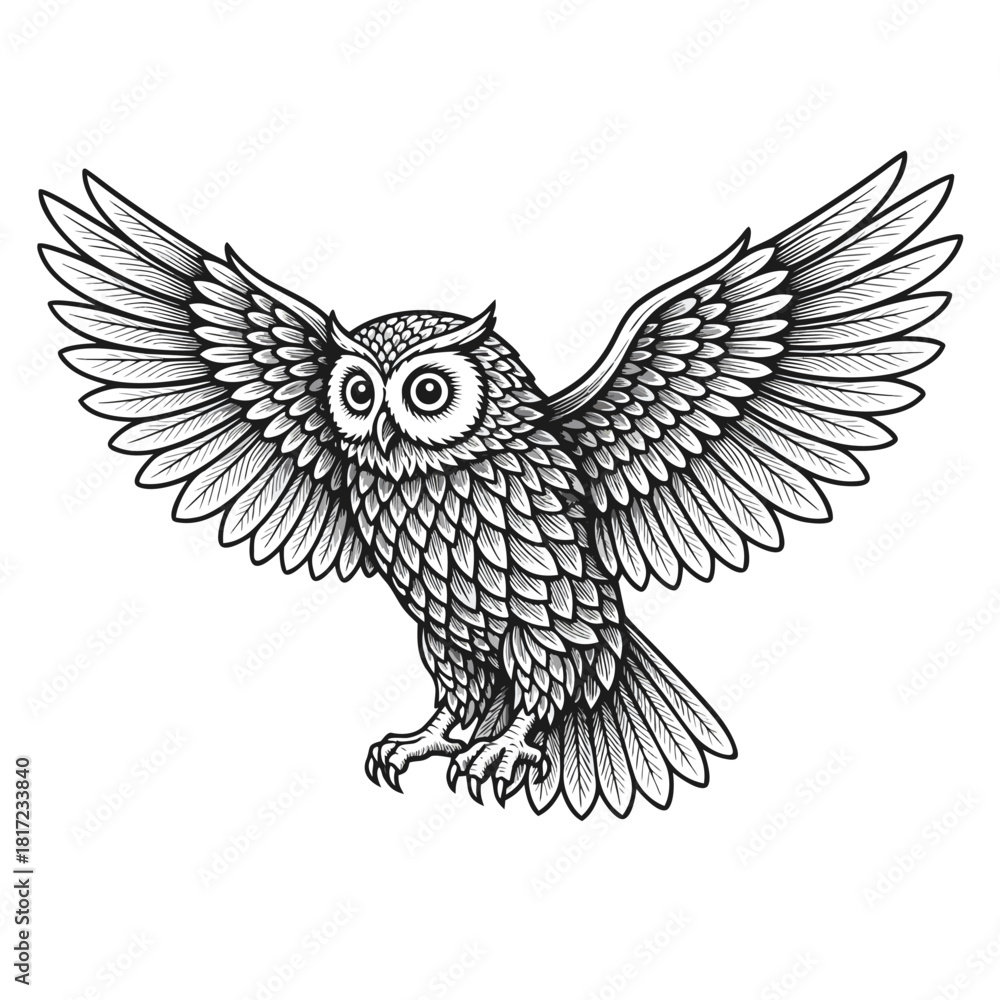 Obraz premium Detailed black and white illustration of an owl with spread wings, showcasing intricate feather patterns and a watchful gaze.