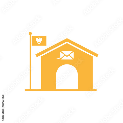 Stylized yellow post office building with a flag and envelope icon, representing mail and communication services.
