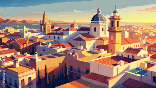 Very beautiful aerial panoramic view of the old city rooftops and the Cathedral de Santa Cruz in Cádiz, Andalusia, captured in soft morning light from the historic Tavira Tower, showcasing warm tones 