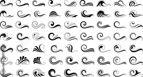 Large Vector Set of Black Decorative Swirls and Water Wave Elements, Ideal for Borders, Ornaments, Heraldry, and Elegant Vintage Graphic Design.