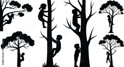 Children climbing trees silhouette set, outdoor play and exploration, nature activity concept, adventurous childhood moments, flat vector illustration