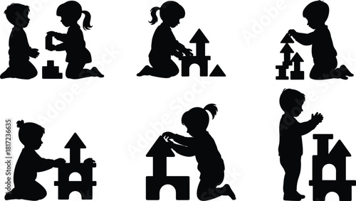 Children playing with building blocks silhouette set, early development activity, creativity and motor skills concept, educational graphic, flat vector illustration