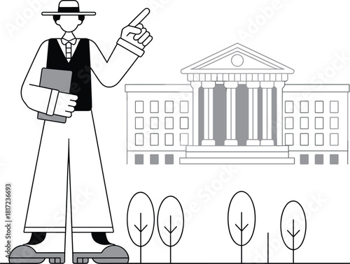 Civic education scene, academic institution, classical building, instructor with book, outdoor learning moment, flat vector illustration