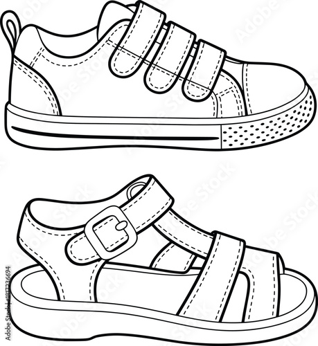 Children’s footwear technical sketch set, sneaker and sandal styles, Velcro and buckle details, flat vector illustration