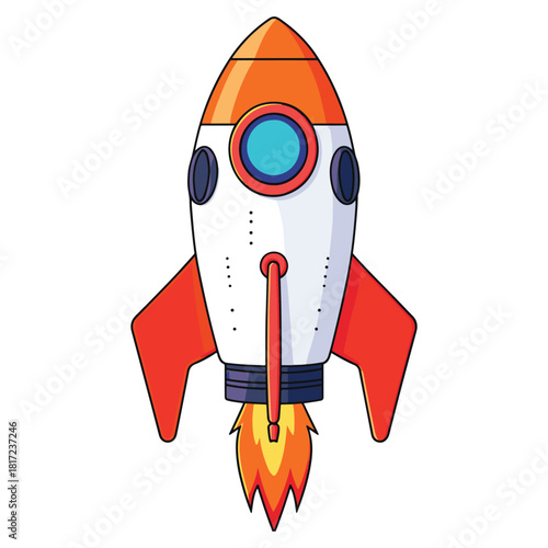 Cartoon Rocket Launch with Flames and Colorful Space Design