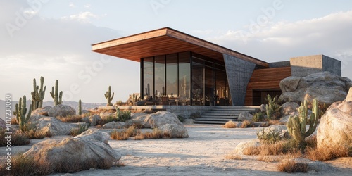 Modern desert home with unique architecture and desert landscape.