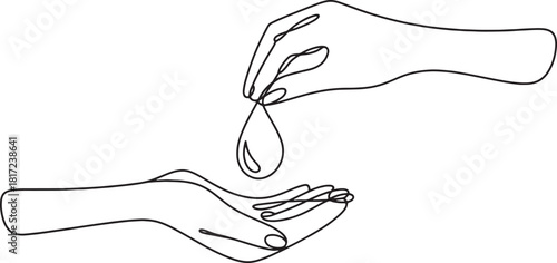 Continuous Line Drawing of Hands Washing Antiseptic Liquid Drop Minimalist Hygiene Illustration on White Background Exactly 200 Characters