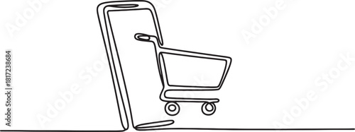 Continuous Line Drawing of Smartphone with Shopping Cart Minimalist Design Illustration for Online Shop on White Background Exactly 200 Characters