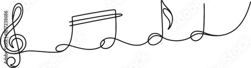 Continuous Line Drawing of Treble Clef and Notes Minimalist Design Illustration for Musical Composition on White Background Exactly 200 Characters