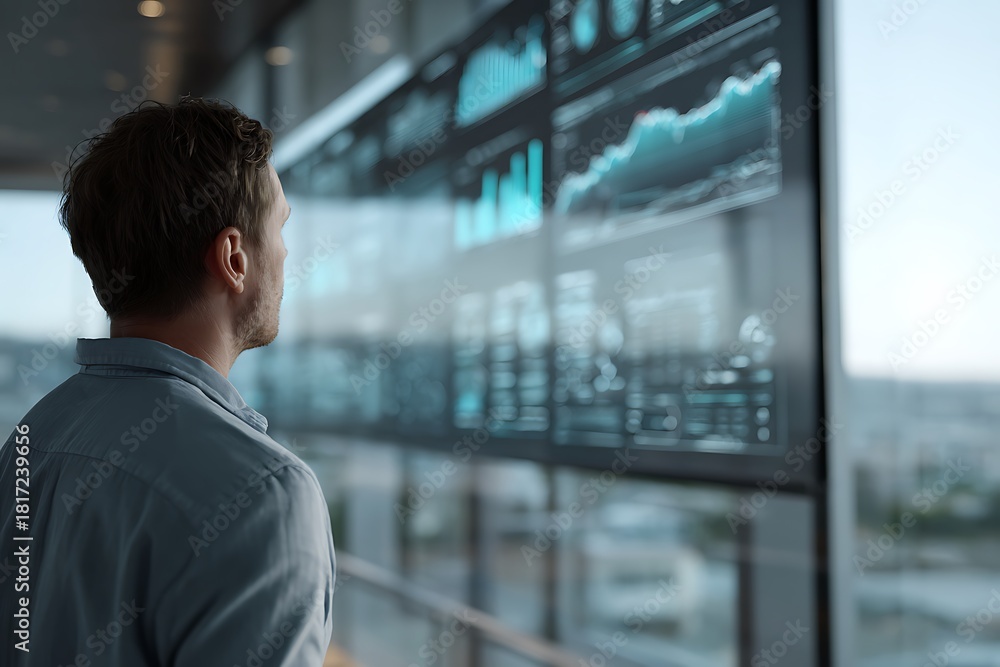 Fototapeta premium Businessman monitoring complex financial data and stock market graphs on a large digital screen. Symbolizes data analysis, corporate strategy, foresight, and economic leadership.