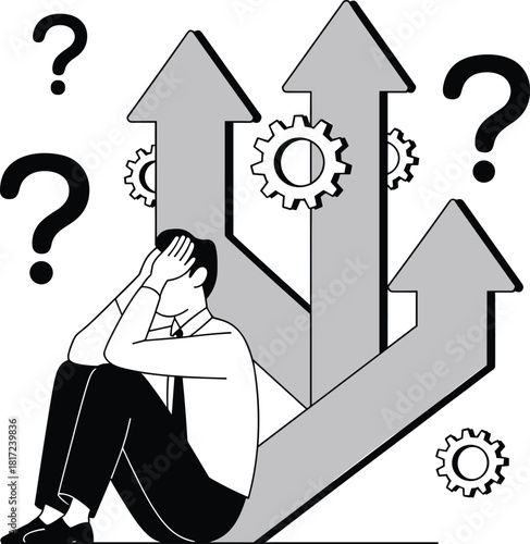 Decision-making stress concept, person overwhelmed by choices, career confusion, problem-solving pressure, business uncertainty illustration, flat vector illustration