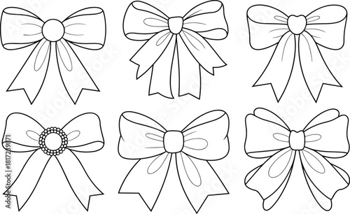 Decorative bow illustration set, six unique ribbon styles with heart and bead details, flat vector drawing