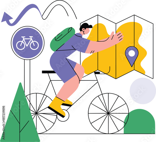 Cyclist with map, navigation route, eco travel, bike path, outdoor exploration, location pin, green journey, flat vector illustration