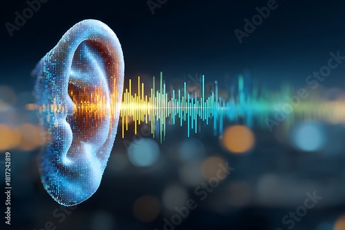 Digital representation of a human ear emitting a vibrant sound wave equalizer, symbolizing hearing technology, audiology research, hearing loss treatment, and audio clarity.