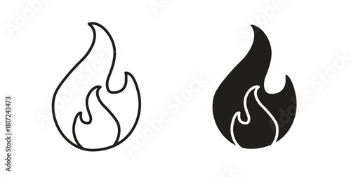 Flame icon in line design and solid black and white colors for designs