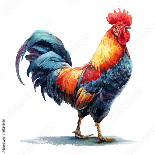 Watercolor Rooster vector, artistic painting style, high-resolution illustration on a pure white background.