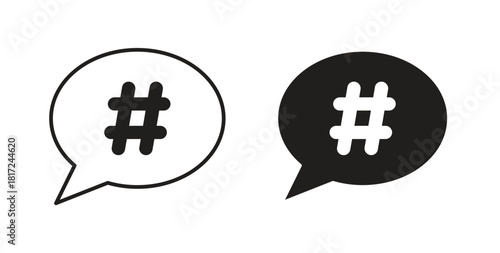Hashtag icon in line design and solid black and white colors for designs