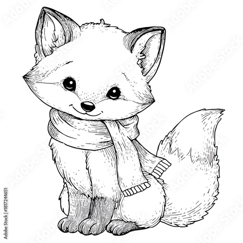 Detailed black and white sketch showing the full body of a sitting fox character with a scarf, ideal for character design and illustration.