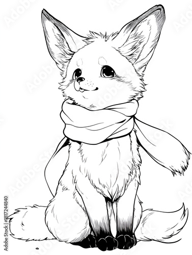 Black and white sketch of a fluffy fox character sitting upright with a large, flowing scarf, emphasizing cuteness and traditional drawing technique.