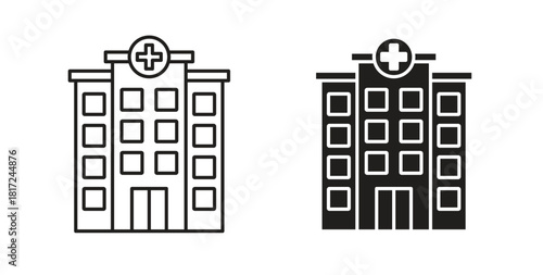 Hospital icon in line design and solid black and white colors for designs