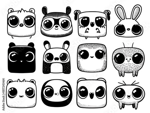 Black and white doodle icon of a stylized, square-shaped monster or creature with large eyes, perfect for modern, quirky patterns or gaming graphics.
