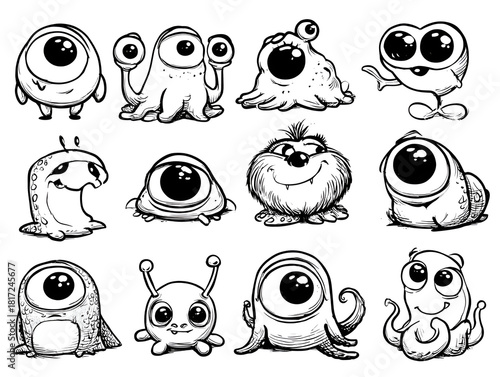 A playful collection of black-and-white illustrated monster eyes and quirky creatures