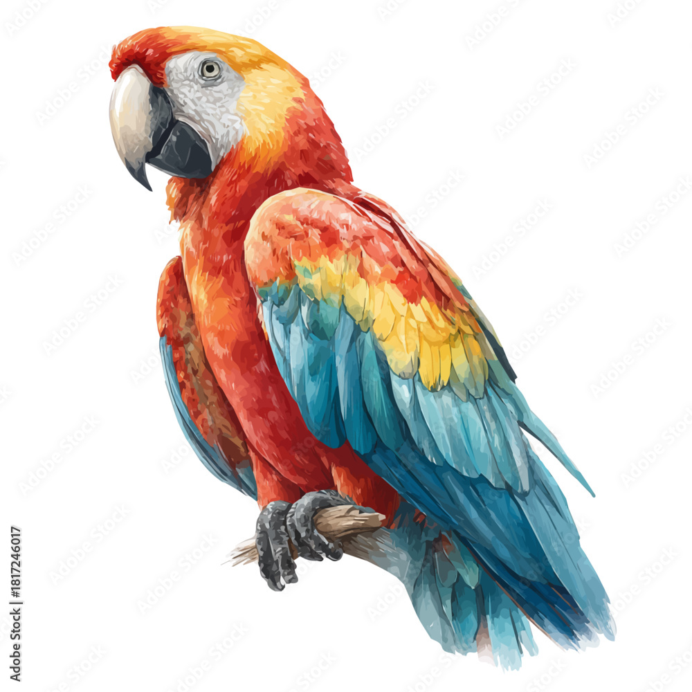 Obraz premium Watercolor painting of Macaw, detailed and artistic vector illustration on a white background.