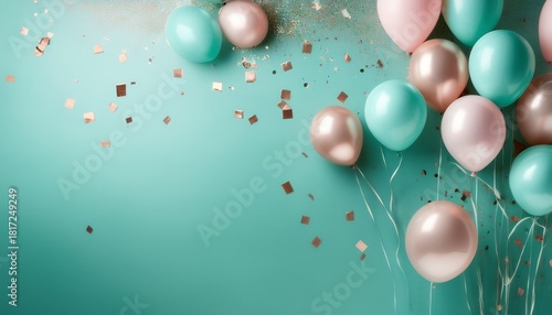 Pastel Birthday Celebration With Confetti And Balloons Festive Party Background Mint Green Atmosphere