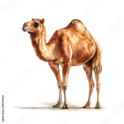 Stylized watercolor Dromedary vector, modern artistic illustration with high-quality details on a pure white background.