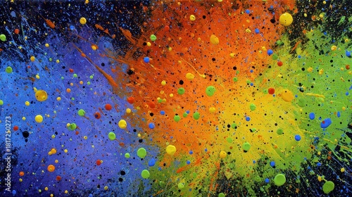 Explosive rainbow paint splatter spreading across dark canvas