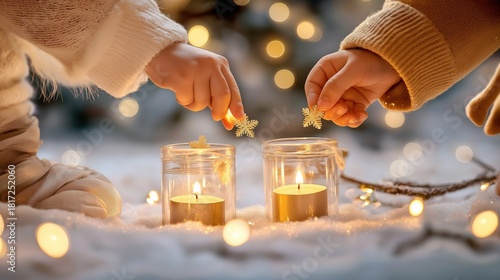 Children placing candles into snow lanterns during a festive winter evening with soft lights and decorations