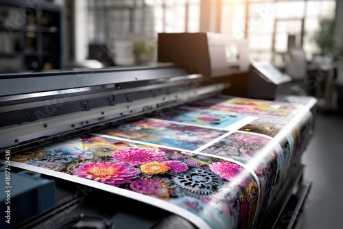 Large Format Printer Printing Colorful Floral Designs on Vinyl.