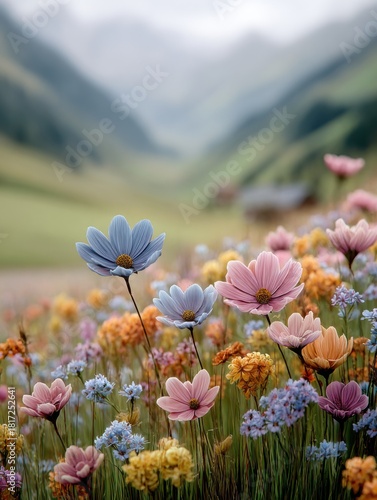 Vibrant towering meadow flowers glowing under warm sunlight