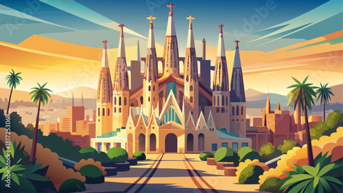 Very beautiful view of the iconic Sagrada Familia in Barcelona, Spain, showcasing its towering spires, intricate architectural details, and majestic presence under clear daylight, highlighting the bea