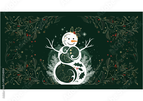 Charming snowman decoration design in gold color on dark green background for Christmas theme
