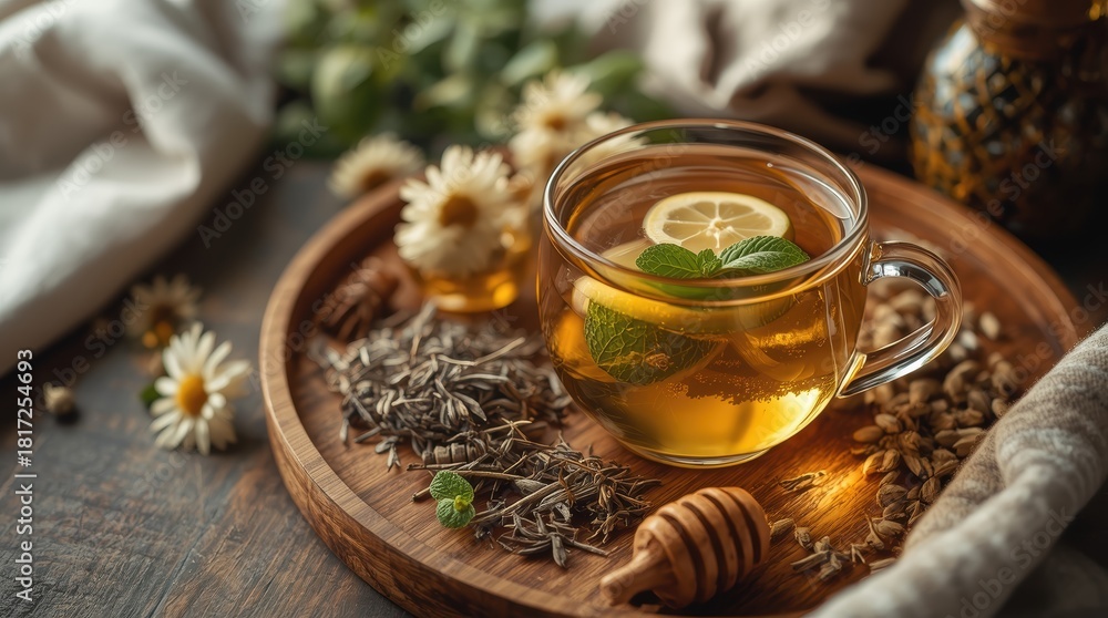 Fototapeta premium herbal tea with honey, lemon and mint.