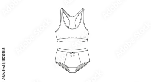 A technical fashion sketch shows a women's lingerie or sleepwear set consisting of a racerback sports bra and high-waisted panties.