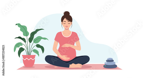 A serene pregnant woman with her eyes closed meditates in a lotus position while gently holding her belly in a peaceful home setting.
