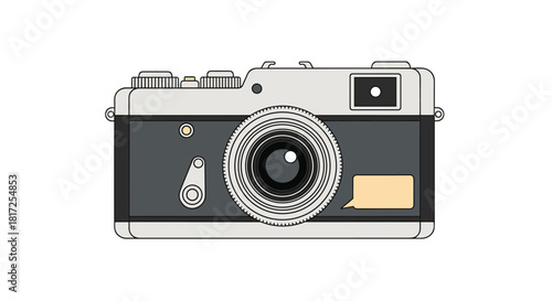 Minimalist vector illustration of a classic gray and silver vintage rangefinder film camera isolated on a white background.