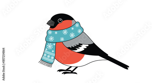 Cute cartoon bullfinch wearing a warm light blue winter scarf with white snowflake patterns isolated on a white background.