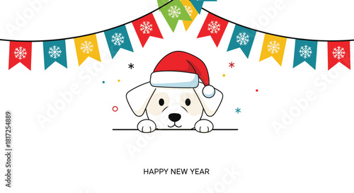 A cute white dog wearing a Santa hat peeks over a surface below a string of colorful festive banners to wish everyone a happy new year.